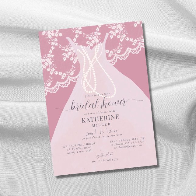 Invitación Elegante Vestido Lace Pearls Pink Rubor Bridal Sho (Subido por el creador)