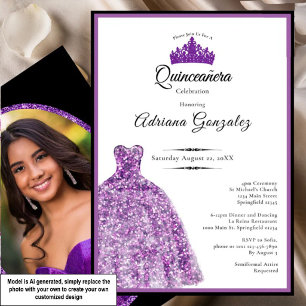 Invitación Elegante vestido morado 15 cumpleaños Quinceanera