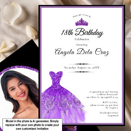Invitación Elegante vestido morado debut cumpleaños 18
