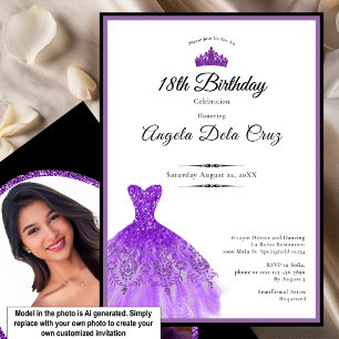 Invitación Elegante vestido morado debut cumpleaños 18