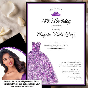 Invitación Elegante vestido morado debut cumpleaños 18