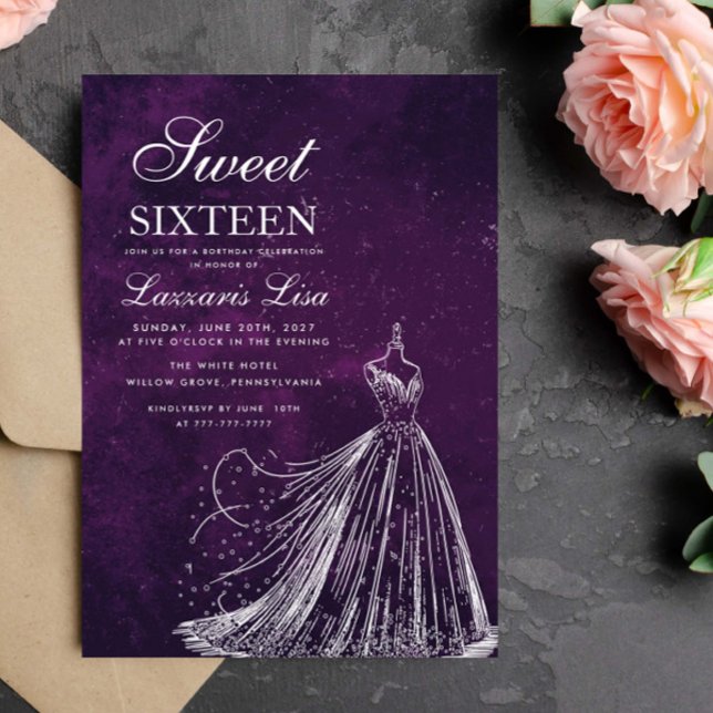 Invitación Elegante Vestido Morado Dulce Dieciséis Cumpleaños (Subido por el creador)