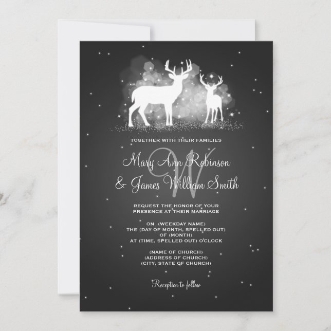 Invitación Elegante vestido negro de ciervo de invierno (Anverso)