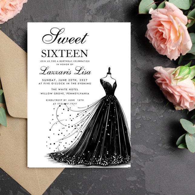 Invitación Elegante vestido negro dulce blanco Dieciséis cump (Subido por el creador)
