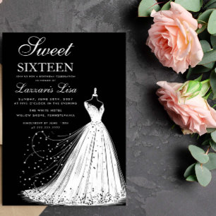 Invitación Elegante vestido negro dulce dieciséis cumpleaños