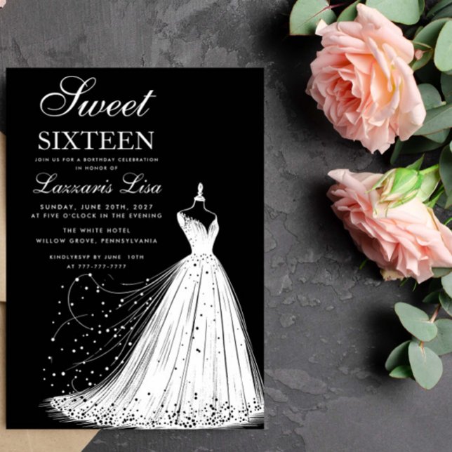 Invitación Elegante vestido negro dulce dieciséis cumpleaños (Subido por el creador)