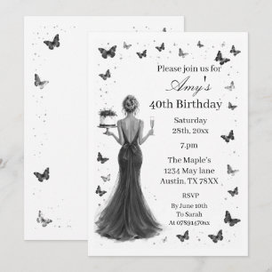 Invitación Elegante vestido negro y blanco mariposas 40º