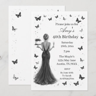 Invitación Elegante vestido negro y blanco mariposas 40º