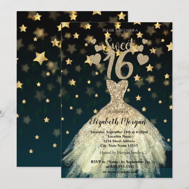Invitación Elegante Vestido Oro Estrellas Purpurina Dulce 16  (Anverso / Reverso)