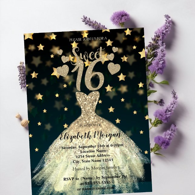 Invitación Elegante Vestido Oro Estrellas Purpurina Dulce 16  (Subido por el creador)
