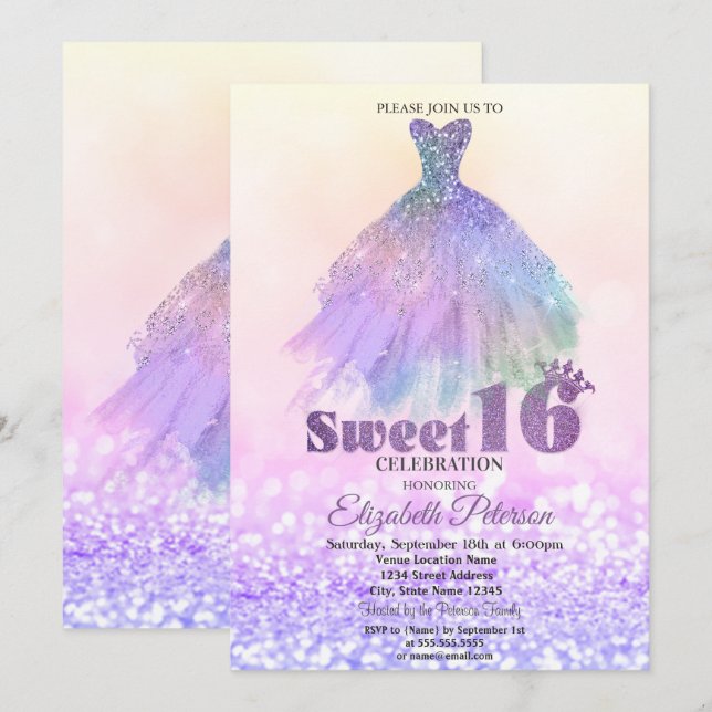 Invitación Elegante vestido Purpurina Bokeh Sweet 16 (Anverso / Reverso)