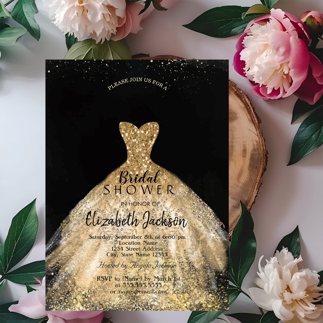 Invitación Elegante vestido Purpurina de oro, ducha de novia (Subido por el creador)