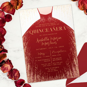 Invitación Elegante vestido Purpurina de oro rojo Quinceañera