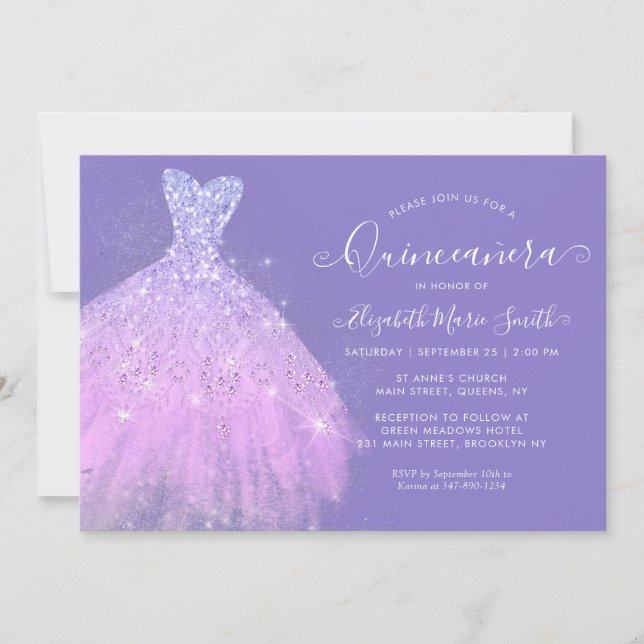 Invitación Elegante vestido Purpurina de Plata Púrpura Quince (Anverso)
