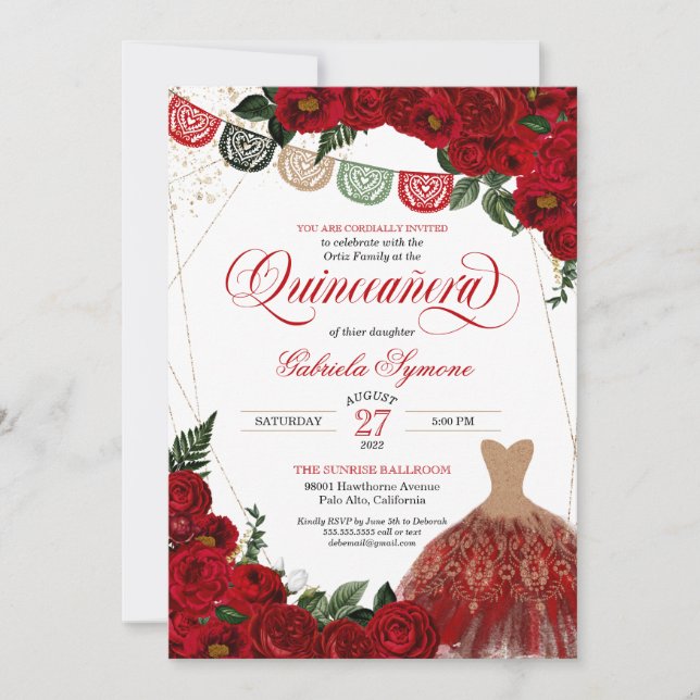Invitación Elegante vestido Purpurina Roses Rojos Fiesta Quin (Anverso)