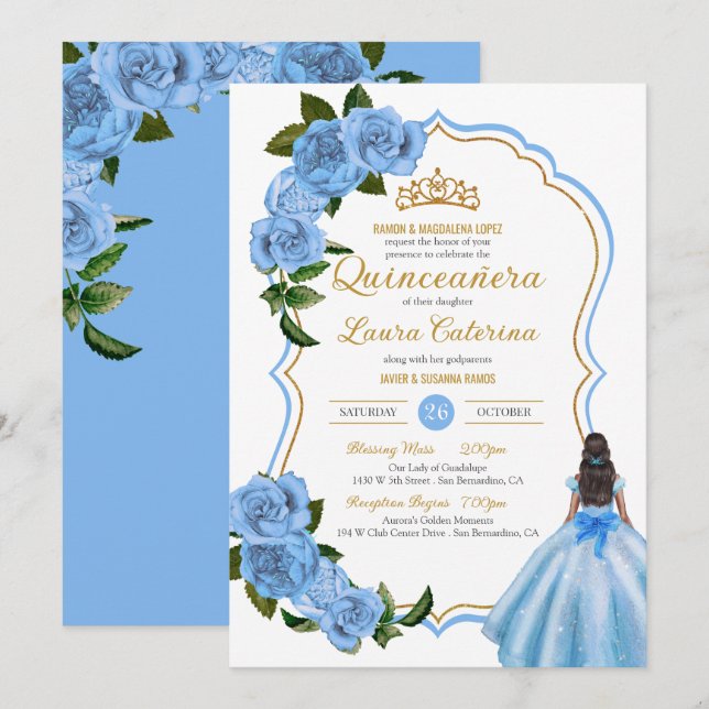 Invitación Elegante vestido Quinceanera Rosas azules claros I (Anverso / Reverso)