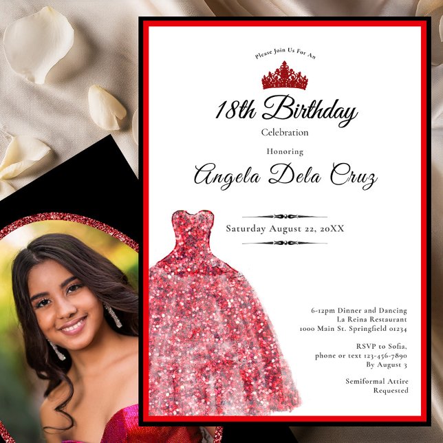 Invitación Elegante vestido rojo debut cumpleaños 18 (Subido por el creador)