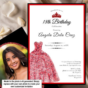 Invitación Elegante vestido rojo debut cumpleaños 18