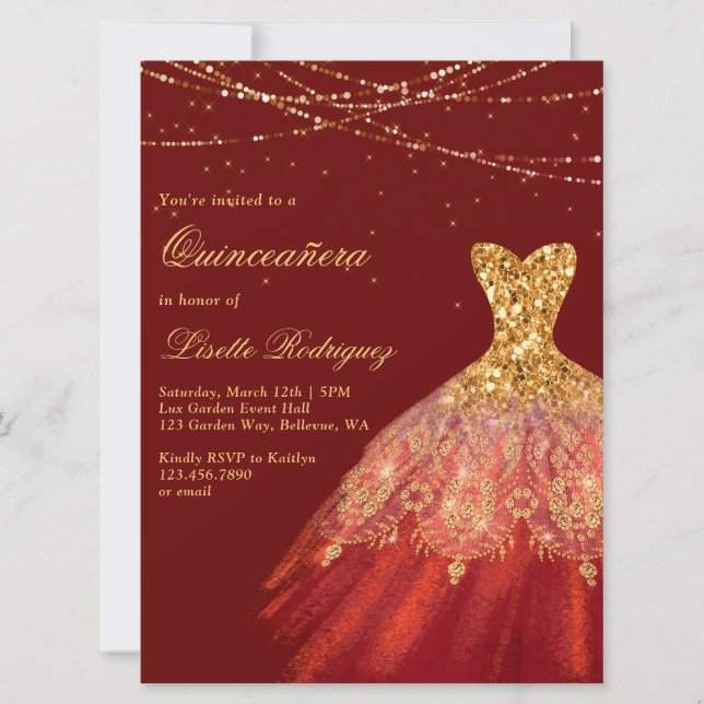 Invitación Elegante Vestido Rojo Y Oro Quinceanera (Anverso)