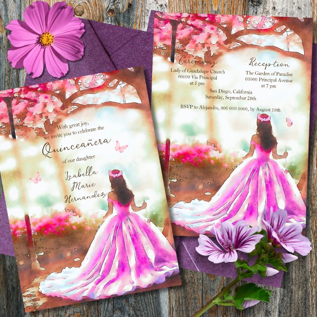 Invitación Elegante Vestido Rosa Acuarela Jardín Quinceañera (Subido por el creador)