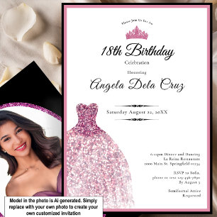 Invitación Elegante vestido rosa debut cumpleaños 18