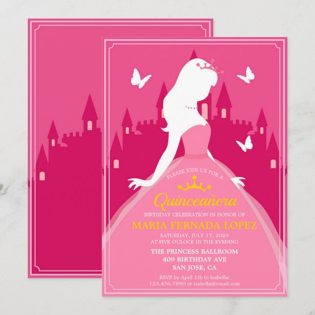 Invitación Elegante vestido rosa Quinceañera Cumpleaños (Anverso / Reverso)