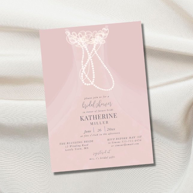 Invitación Elegante vestido Rubor Ruffles Pearls Bridal Showe (Subido por el creador)