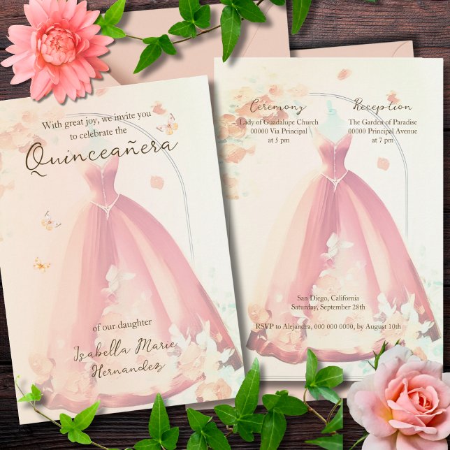 Invitación Elegante Vestido Salmón Floral acuarela Quinceañer (Subido por el creador)