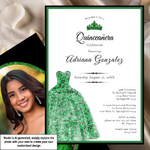 Invitación Elegante vestido verde cumpleaños 15 Quinceañera