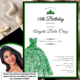 Invitación Elegante vestido verde esmeralda debut cumpleaños 