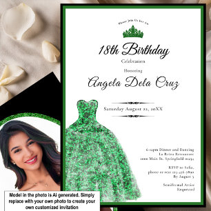 Invitación Elegante vestido verde esmeralda debut cumpleaños