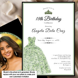 Invitación Elegante vestido verde salvia debut cumpleaños 18