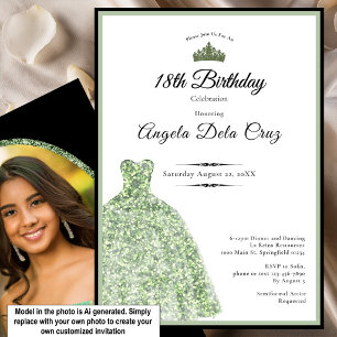 Invitación Elegante vestido verde salvia debut cumpleaños 18