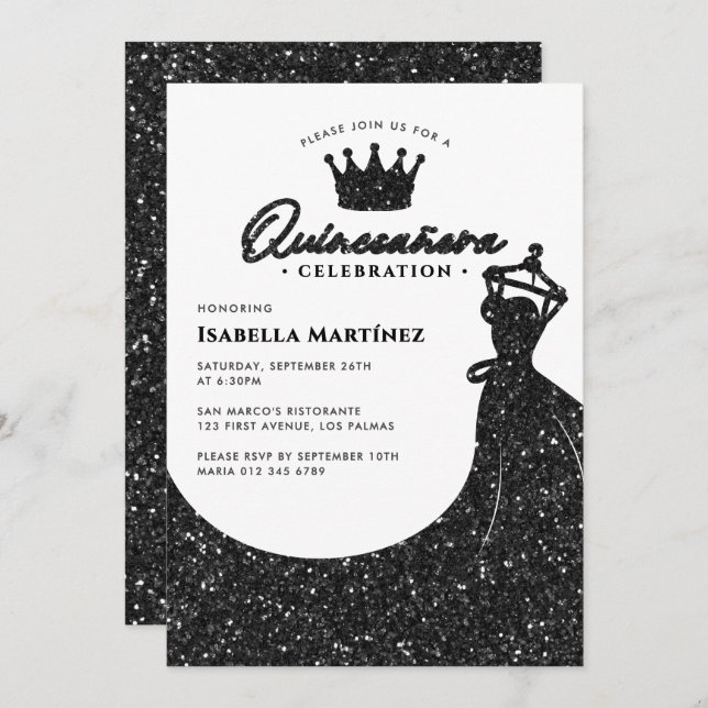 Invitación Elegante vestido y fiesta de cumpleaños de la quin (Anverso / Reverso)