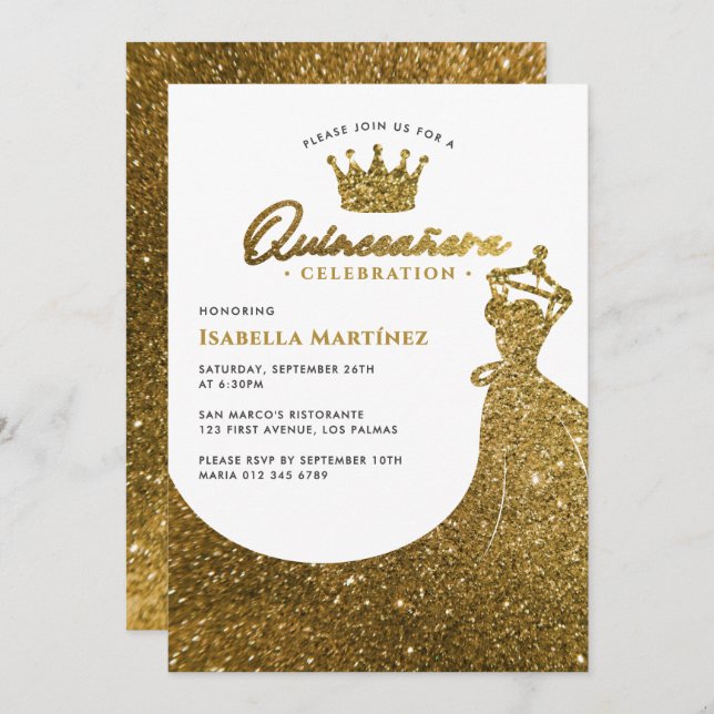 Invitación Elegante vestido y fiesta de cumpleaños de la quin (Anverso / Reverso)