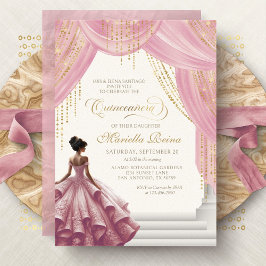 Invitación Elegante vestimenta rosa Rubor Quinceanera
