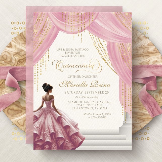 Invitación Elegante vestimenta rosa Rubor Quinceanera (Subido por el creador)