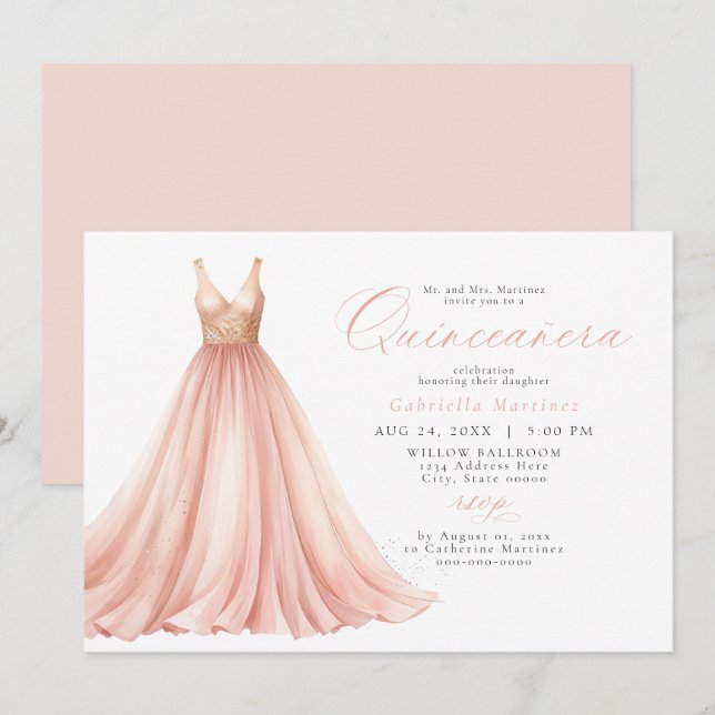 Invitación Elegante vestimenta Rubor rosa etérea Quinceanera (Anverso / Reverso)
