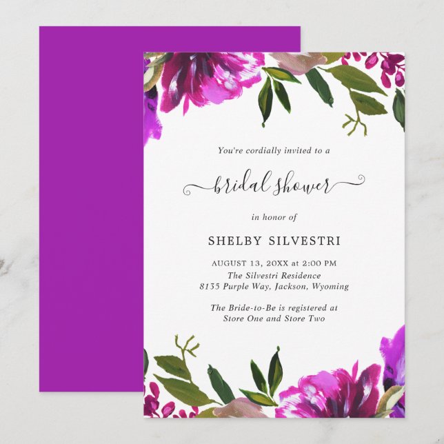 Invitación Elegante Vibrante Bridal Floral Púrpura Bridal Duc (Anverso / Reverso)