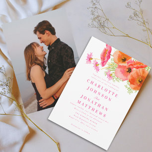 Invitación Elegante Vibrante Foto Floral Naranja Rosa Bodas
