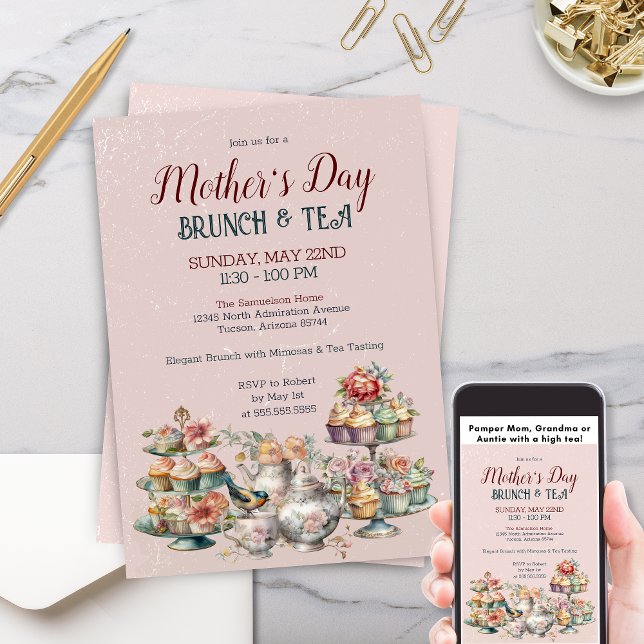 Invitación Elegante victoriano Fiesta de té brunch del día de (Elegant Victorian Mother's Day Tea Party Invitation with Floral Greenery and Vintage Pastries)