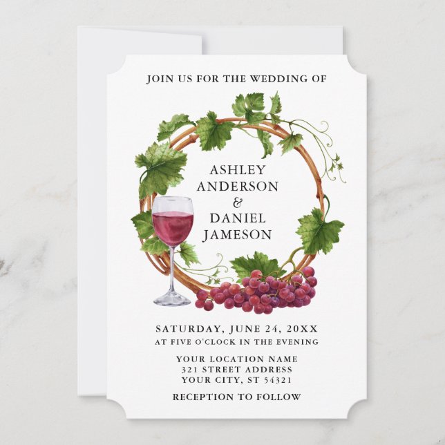 Invitación Elegante Vines de uva Watercolor Wreath Boda (Anverso)