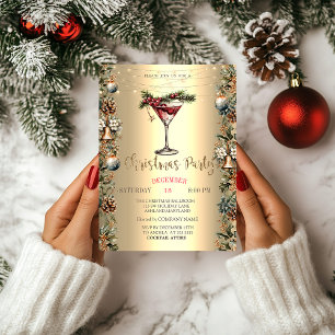 Invitación Elegante vino piñas campanas Poinsettia Navidad 