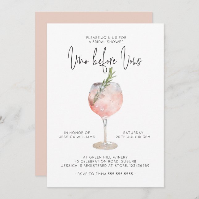 Invitación Elegante Vino Rosa Antes De Var Ducha Bridal (Anverso / Reverso)