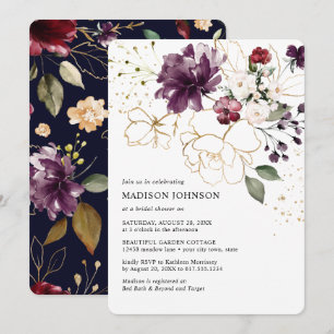 Invitación Elegante vino tinto floral oro ducha nupcial