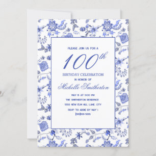Invitación Elegante vintage antiguo azul floral 100º