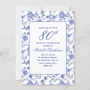Invitación Elegante Vintage Antiguo Azul Floral 80 