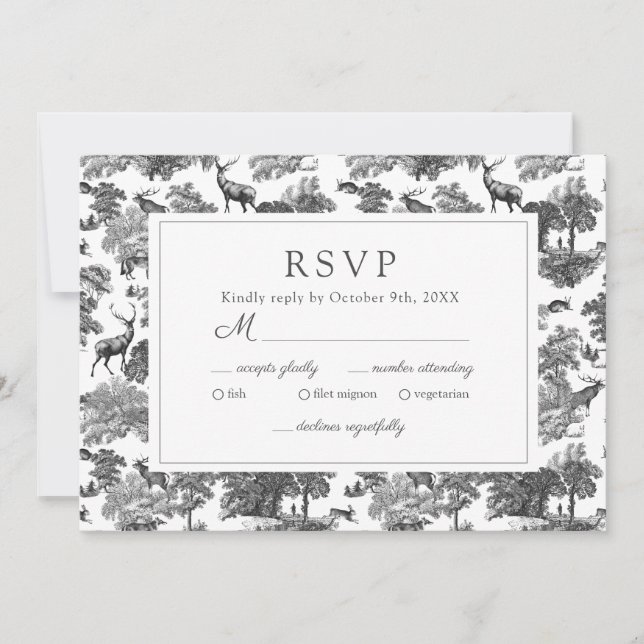 Invitación Elegante Vintage Black Toile Deer RSVP (Anverso)
