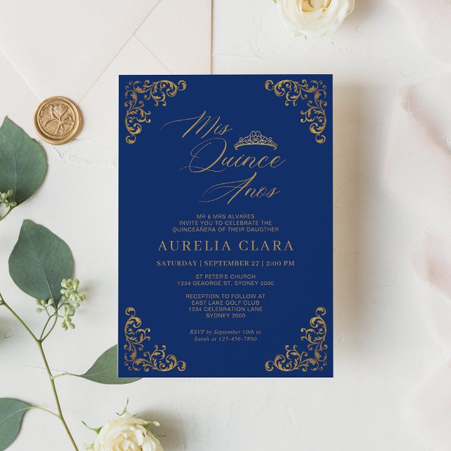 Invitación Elegante Vintage Blue Gold Mis Quince Quinceañera (Subido por el creador)