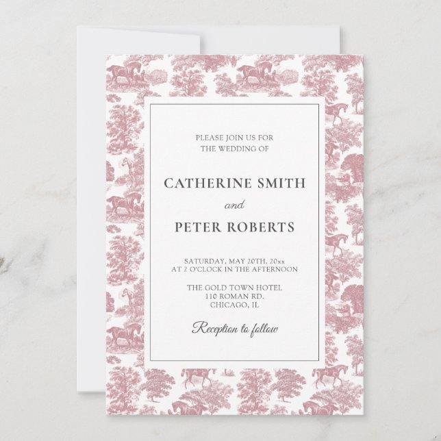 Invitación Elegante Vintage Chic Rosa Toile Boda Caballo (Anverso)